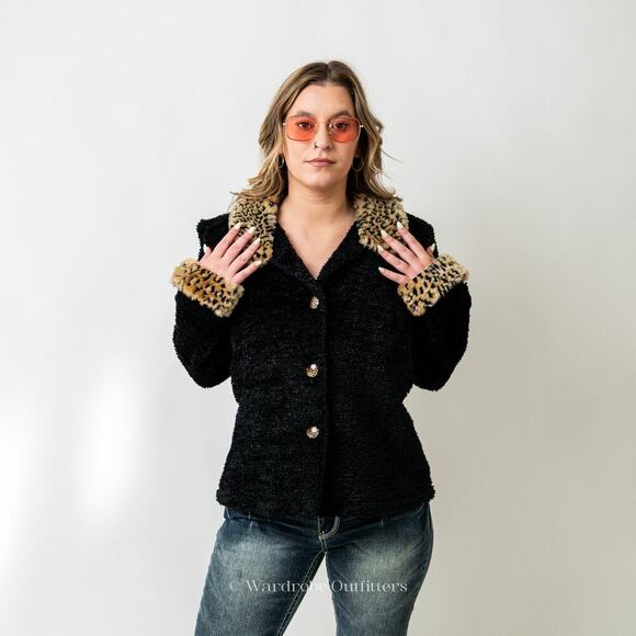 Vintage Y2K 90s  Black Chenille Cardigan with Faux Fur Collar and Cuffs - Picture 1 of 10